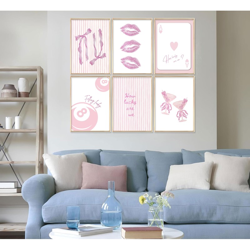6Pcs Pink Coquette Wall Art How Lucky Are We Stripe