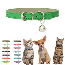 Green Small Collar with Bell, Soft Pu Leather Kitten Dog Collars Adjustable Buckle for XXS XS Extra Small Medium Tiny Female Male Boys Girls Pets Puppy Cats Teacup Yorkie X-Small