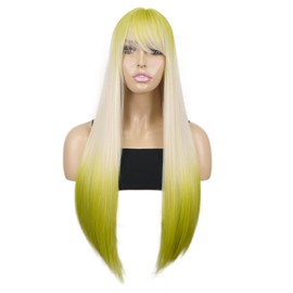 Onemily Long Green Wigs for Women 24 Inch Green Wig with Bangs Natural Soft Synthetic Heat Resistant Fiber Wigs Hair for Daily Party Use
