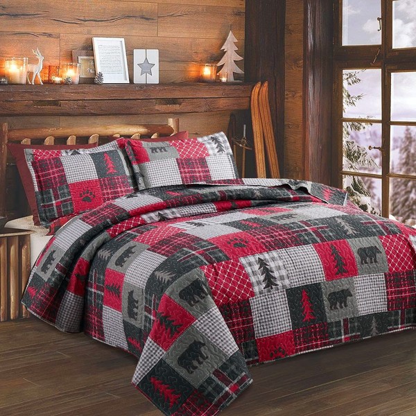 Rustic King Size Plaid Quilt Set - Bedspread, Coverlet, Reversible