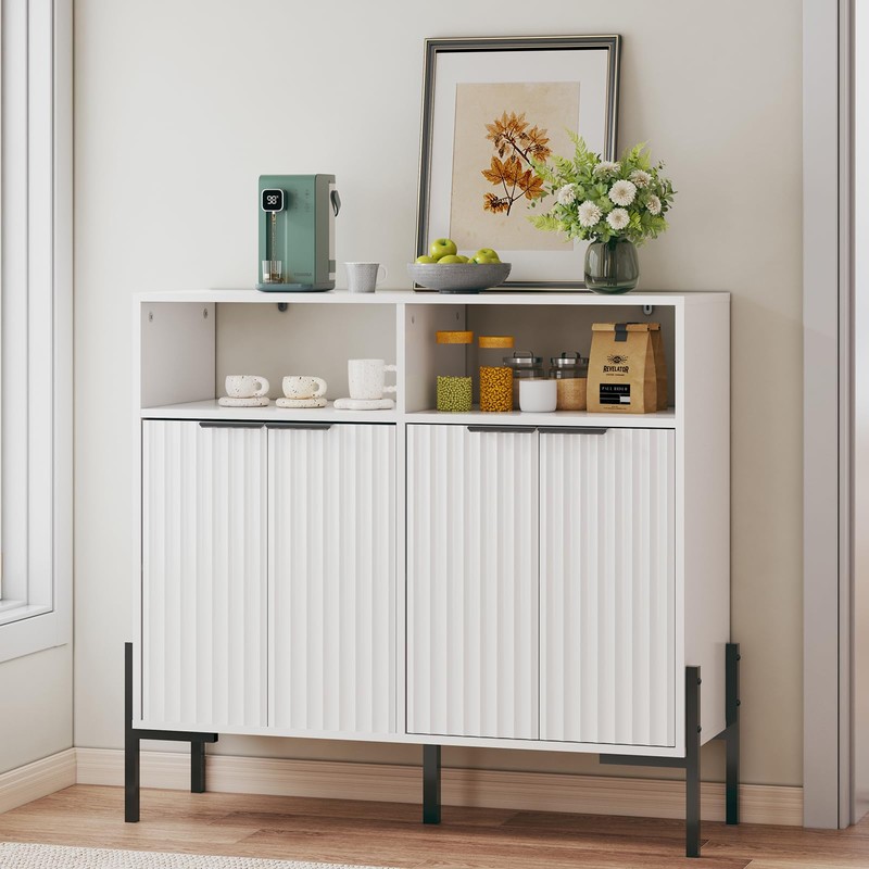 White Buffet Cabinet with Storage, Fluted Storage Cabinet with Doors