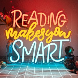 Reading Makes You Smart Neon Sign,Dimmable Neon Lights for Bedroom,USB Powered Neon Wall Sign,Led Neon Signs for Man Cave,Bookstore Library Study Room Wall Decor Gifts 11.9x13.8 inches.