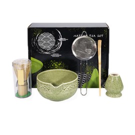 YTDTKJ 5Pcs Ceramic Matcha Set, Matcha Whisk Set, Includes Matcha Bowl, Matcha Whisk and Sifter, Bamboo Scoop (Matcha Green)