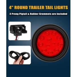Ronybuy 10Pcs 4" Round Red Led Trailer Lights, Trailer Tail Lights, 4 Inch 12V Waterproof Stop Turn Brake Led Tail Lights Sealed Flush Mount for Trucks RV Rubber Grommets & 3-Prong Wire Plugs Included