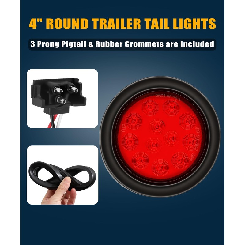 Ronybuy 10Pcs 4" Round Red Led Trailer Lights, Trailer Tail