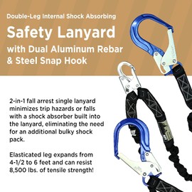 AFP 6FT Double Leg Internal Shock Absorbing Safety Fall Protection Lanyard with Dual Aluminum Pelican Rebar & Steel Snap Hook | Heavy-Duty Webbing | OSHA & ANSI Rated (Aluminum)