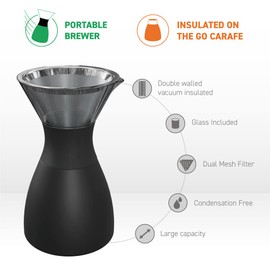 asobu Insulated Pour Over Coffee Maker (32 oz.) Double-Wall Vacuum, Stainless-Steel Filter and Take on the Go Carafe (Smoke)