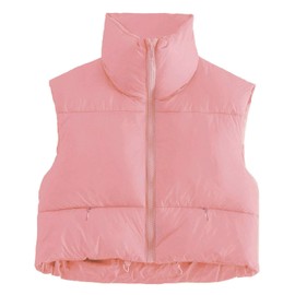 Kissonic Women's Padded Down Vest Puffer Stand Collar Zip Up Crop Sleeveless Jacket (X-Small, Pink)