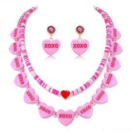 boderier Valentine's Necklace for Women Layered Candy Conversation Heart Choker Necklace Heishi Pearl Beaded Necklace Candy Heart Earrings Valentines Gifts for Her (Style B)