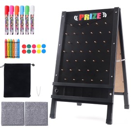 Prize Drop Game Board, 15.7"X27.5" Double-Sided Foldable Design with Wooden A-Frame Chalkboard Sign for Family, Carnival, Trade Show & Party-Includes 10 Coin Drop Discs and Chalk Set, Portable Design