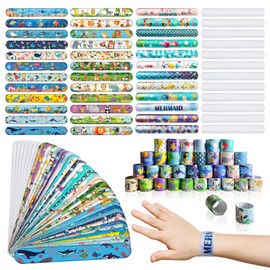 CAABISO 56 Pcs Slap Bracelets & Blank White Snap Bracelets Bulk Gifts, Animals Mermaid Fish Slap Bracelets Prizes Party Favor Gifts Bag Fillers