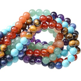 100Pcs Natural Crystal Beads Stone Gemstone Round Loose Energy Healing Beads with Free Crystal Stretch Cord for Jewelry Making (7-Chakra Beads, 8MM)