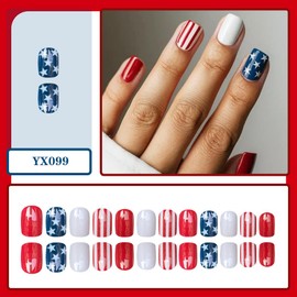 4th of July Press on Nails Short Square Red White Stripe Fake Nails Press ons Acrylic Nail Art Tips Kit Full Cover False Nails Glue on Nails with Star Design for Women Nail Supplies 24Pcs