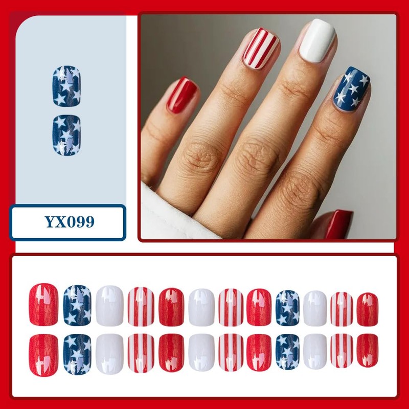 4th of July Press on Nails Short Square Red White