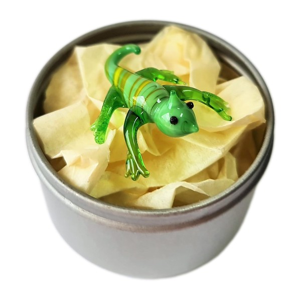 Mini Green Chameleon in a Tin - Cute Little Glass