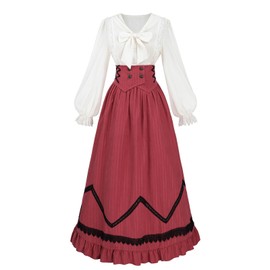 Nuoqi Womens Victorian Dress Costume 1800s Edwardian Costume Renaissance Blouse Skirt Set Red XXL