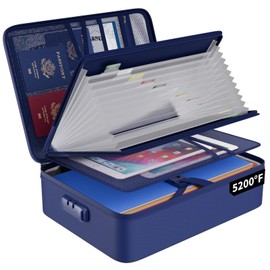 ENGPOW 5200℉ Fireproof File Organizer Bag with 13 Pocket Accordion File Folder,Document Organizer Box with Lock&Labels,Multi-Layer Portable Home Travel Safe Storage Box for Important Documents,Blue