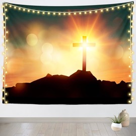 CORFOTO 70''Wx92''L Wooden Religious Crosses Tapestry Wall Hanging Sunset Jesus Christ Easter He is Risen Jesus Resurrection Wall Tapestry for Bedroom Living Room Church Decor Fabric