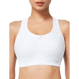 Yvette Zip Front Sports Bra High Impact Sports Bras for Women Plus Size Workout Fitness Bra, White, XL