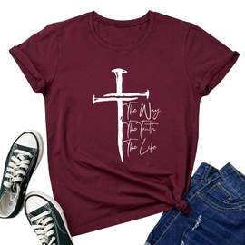 LOOKFACE Women Short Sleeve Graphic Tees Cute Sword T Shirts Wine Red X-Large