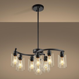 Sigaitwei 9-Light Modern Farmhouse Chandelier，29.5" Black Dining Room Light Fixture，Industrial Pendant Lights Kitchen Island,Metal Bracket with Downward Clear Glass Shade