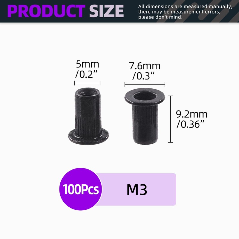 Swpeet 100Pcs M3 Carbon Steel Rivet Nuts Kit, Black Zinc