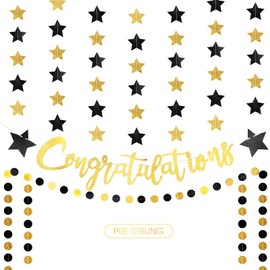 Suncalla 6 Pcs Glitter Congratulations Banner 2025 Party Graduation Decorations Five-pointed Star Circle Glitter Congrats Banner for 2025 College High School Grad Party Supplies(Black, Gold)