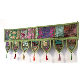 ICC valances for windows Toran Cotton Vintage Patchwork Door Hanging Valance Window Hand Embroidered Bohemian Decor Living Room Wall bedroom living room Home Handmade Decorations Green 42 Inches