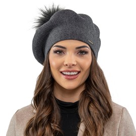 VIVISENCE Modern Beret Hat with Bobble Classic Cut Warm Yarn with Wool Additive Elegant Winter Hat Ideal for Cold Winter Days for Women, darkgray