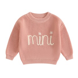 Family Matching Outfits Mommy and Me Cute Letter Embroidery Crew Neck Long Sleeve Sweater Top, Light Pink, 0-3 Months