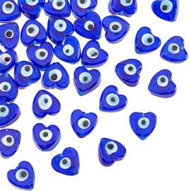 NBEADS Approx. 33 Pieces Heart Evil Eye Beads, 12 mm Glass Evil Eye Charm, Turkish Evil Eye Spacer Beads, Lampwork, Loose Beads with 1.4 mm Hole for DIY Necklaces, Bracelets, Jewellery Making, Medium