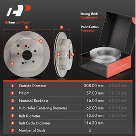 A-Premium 12.13 in (308 mm) Rear Vented Disc Brake Rotors + Ceramic Pads Kit Compatible with Select Suzuki Models - Grand Vitara 2009 2010 2011 2012 2013, 6-PC Set
