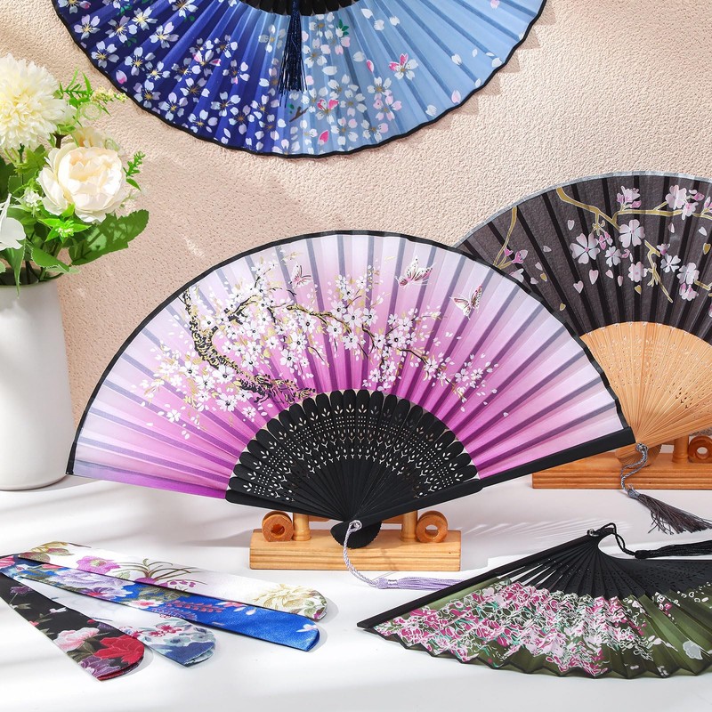 Zonon 4 Pack Handheld Floral Folding Fans Hand Held Silk