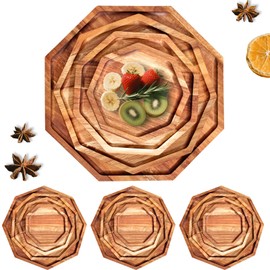 LECEHIVO 4 Pcs Acacia Wood Serving Tray Large Food Platter Wooden Octagon Decorative Plates Board Vegetables Salad Dish for Charcuterie Bread Cheese Cupcakes Fruit Pizza(12 Inch,10 Inch,8 Inch 6 Inch)