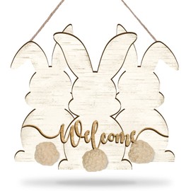 Whaline Easter Wooden Welcome Hanging Sign Rustic Three Easter Bunny Rabbit Wood Door Sign Farmhouse Easter Door Wreath for Spring Holiday Birthday Home Coffee Shop Bakery Window Door