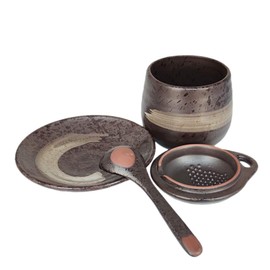 MASSJOY Set of 2 Japanese Style Stoneware Egg Custard Cooker, Medicinal Herbs Tonic Stew Pot, Seasoning Jar. (With Spoon and Saucer)