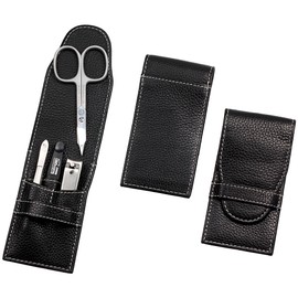 Sonnenschein by Hans Kniebes - Manicure Set 4 Pieces - Nail Scissors, Nail Clippers, Nail File and Tweezers - Pocket Manicure Nail Care Set - Real Cowhide Leather Manicure Case Black
