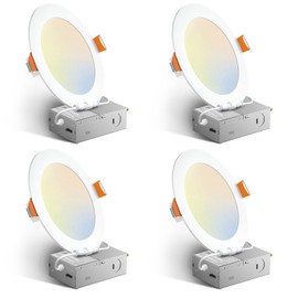 Amico 4 Pack 6 Inch 5CCT Ultra-Thin LED Recessed Ceiling Light with Junction Box, 2700K/3000K/3500K/4000K/5000K Selectable, 12W Eqv 110W 1050LM Brightness Dimmable Canless Wafer Downlight, ETL & FCC