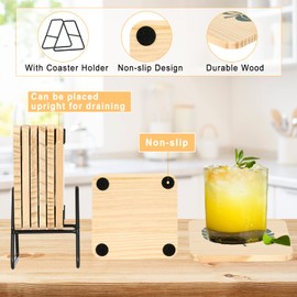 6 Pcs Wood Coasters with Holder, Wooden Coffee Table Coasters, Cup Drink Coaster, Rustic Modern Farmhouse Coaster Set for Dining Table Bar Decor Housewarming Gift Boho