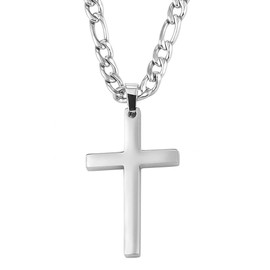 CaptainSteeL Cross Necklace for Men - Stainless Steel Silver/Gold Plain Cross Pendant Necklace Simple Jewelry Gifts, 24 Inches 3:1 Figaro Link Chain 4/5/6mm Width