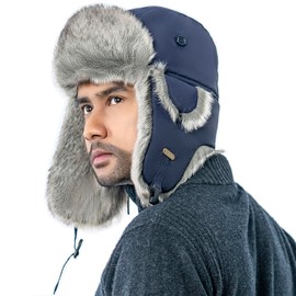 HEYANN Winter Trapper Hat Faux Fur Hat for Men Women Hunting Ski with Ear Flaps Russian Ushanka Eskimo Waterproof(DarkBlue,L/XL)