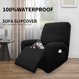 Easy-Going 4 Pieces 100% Dual Waterproof Recliner Cover Stretch Soft Couch Cover for Dogs, Sofa Slipcover for Recliner Couch Leakproof Furniture Protector for Kids, Pets Black
