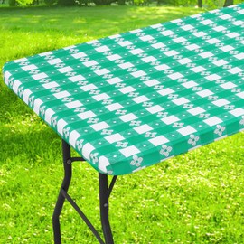 Spotjoy Rectangle Picnic Table Cloth, Waterproof Elastic Fitted Outdoor Table Covers for 6 Foot Tables, Flannel Backed Plastic Vinyl Tablecloths for Camping, Dining and Indoor (30"x72", White & Green)