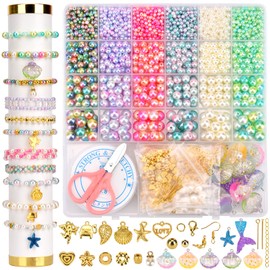 Pearl Beads for Jewelry Making with Scissor Cord Charms Colorful Different Size Round Loose Pearls for Crafts with Holes for Bracelets Making Kit Small Pearl Filler Beads for Diy Necklace Earrings