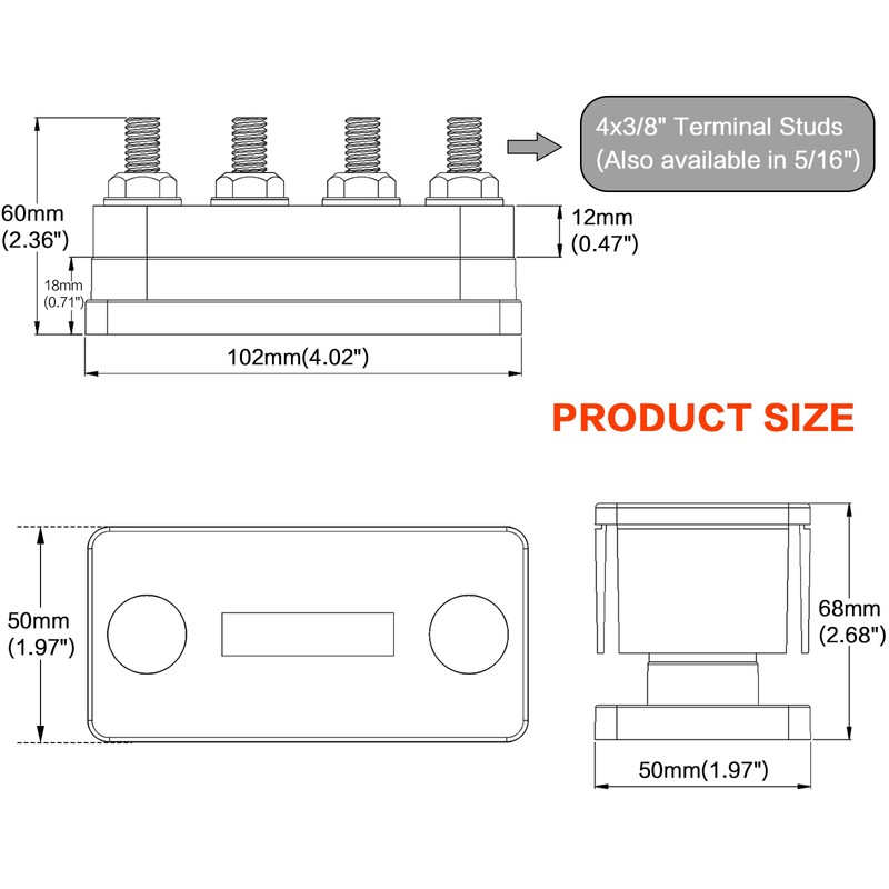 AMOMD 600A Bus Bar 4 Studs (3/8 inch) M10 High