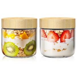 2 pack 10oz Overnight Oats Containers with Bamboo Lids, Glass Jars with Airtight Lids for Meal Prep, Wide Mouth Mason Salad Jars, Glass Food Storage Container for Yogurt Chia Snacks Spice Sugar