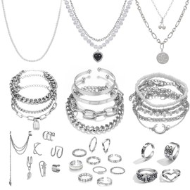 CHarmeFleur 36 Pieces Silver-Plated Jewellery Set with 3 Necklaces, 12 Bracelets, 7 Stud Earrings, 14 Toe Rings for Women and Girls as a Present for Valentine's Day, Anniversary, Birthday