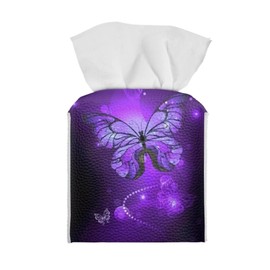 Talayituse Purple Butterfly Print Tissue Box Cover Square Tissue Box Holder with Bottom Belt, Foldable Napkin Facial Tissue Holder Dispenser Home Car Decor Facial Paper Organizer
