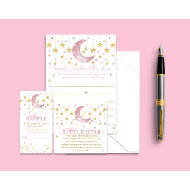 Twinkle Little Star Baby Shower Invitation Bundle Set Includes Blank Girls Invites with Envelopes Diaper Raffle Tickets Bring a Book Insert Cards (25 of Each) Celestial Themed Party Supplies