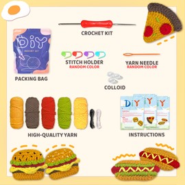 YAMAXIN Crochet Kit for Beginners, Beginner Crochet Kits with Step-by-Step Video Tutorials, Crochet Starter Kit for Adults with Yarn Sets (5pc Pizza, Burgers)